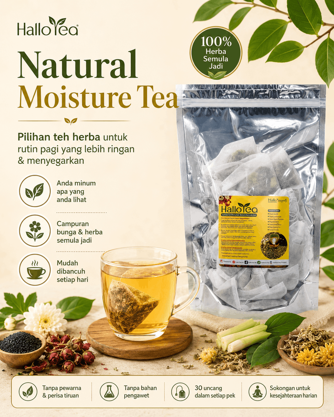 Hallo Dried Herbs Natural Moisture Tea angle 1